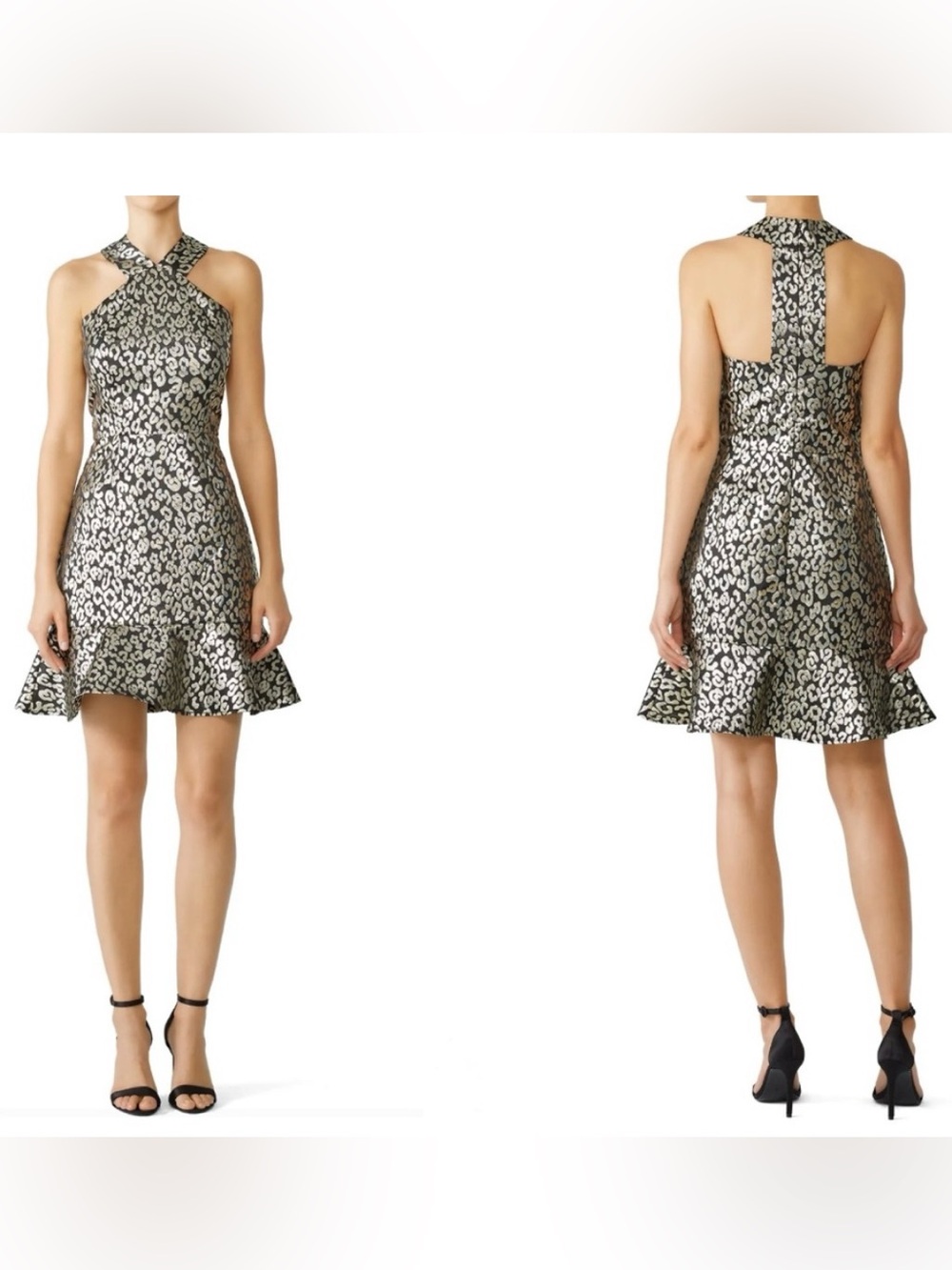 SLATE & WILLOW Black and Gold Metallic Leopard Print Halter Dress 10048